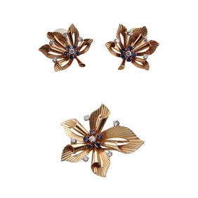 Retro 14k Gold Diamond Sapphire Earrings Brooch Set