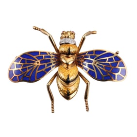 Italian 18k Gold Diamond Ruby Enamel Insect Bee Brooch Pin