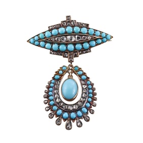 Antique Victorian Gold Silver Turquoise Diamond Pendant Brooch Pin