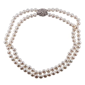 Midcentury 14k Gold Pearl Diamond Double Strand Necklace