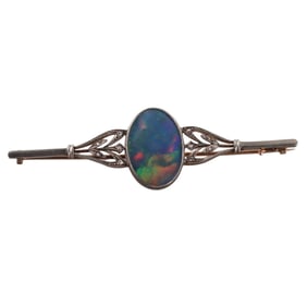 Antique Art Nouveau Gold Silver Opal Onyx Diamond Brooch Pin