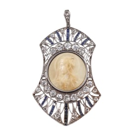 Art Deco Platinum Diamond Sapphire Hardstone St. Mary Pendant