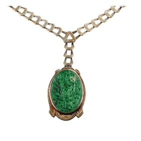Art Deco 14k Gold Carved Jade Pendant Necklace