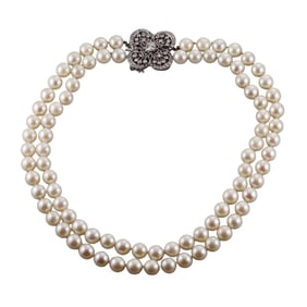 Midcentury 14k Gold Diamond Pearl Double Strand Necklace