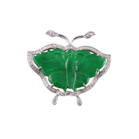 18k Gold Carved Jade Diamond Butterfly Pendant