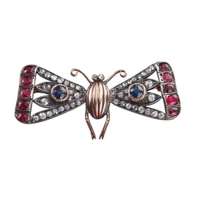 Antique Victorian Gold Silver Diamond Ruby Sapphire Insect Butterfly Brooch Pin