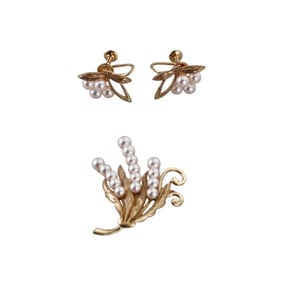 Mikimoto Vintage 14k Gold Pearl Earrings Brooch Set