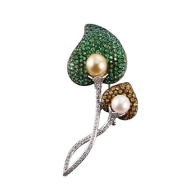 Asprey 18k Gold Tsavorite Sapphire Diamond Pearl Lily Flower Brooch