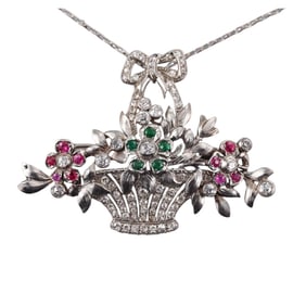 Midcentury Platinum Diamond Ruby Emerald Basket Brooch Pendant Necklace