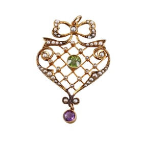 Antique Victorian 18k Gold Peridot Seed Pearl Amethyst Pendant