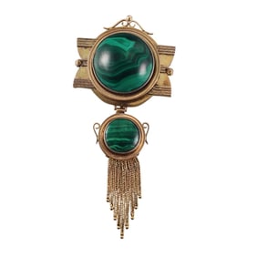 Antique Victorian 14k Gold Malachite Tassel Locket Brooch