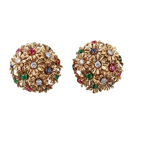 French 1960s 18k Gold Ruby Sapphire Emerald Diamond Flower Earrings