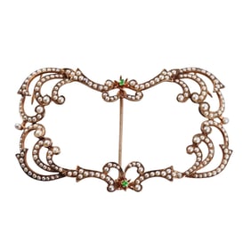 Antique 14k Gold Seed Pearl Tsavorite Garnet Buckle Brooch Pendant