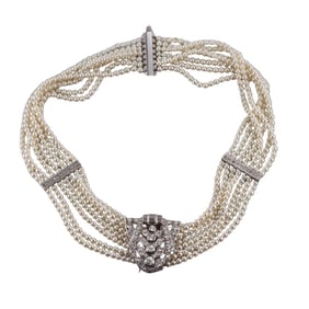 Art Deco Platinum Diamond Pearl Choker Necklace Brooch