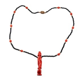 Art Deco Silver Carved Coral Onyx Pendant Necklace