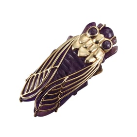 14k Gold Carved Amethyst Cicada Insect Brooch Pendant
