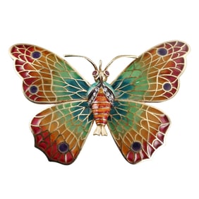 14k Gold Plique a Jour Enamel Diamond Ruby Butterfly Brooch