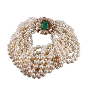 1960s 14k Gold Pearl Diamond Emerald Bracelet