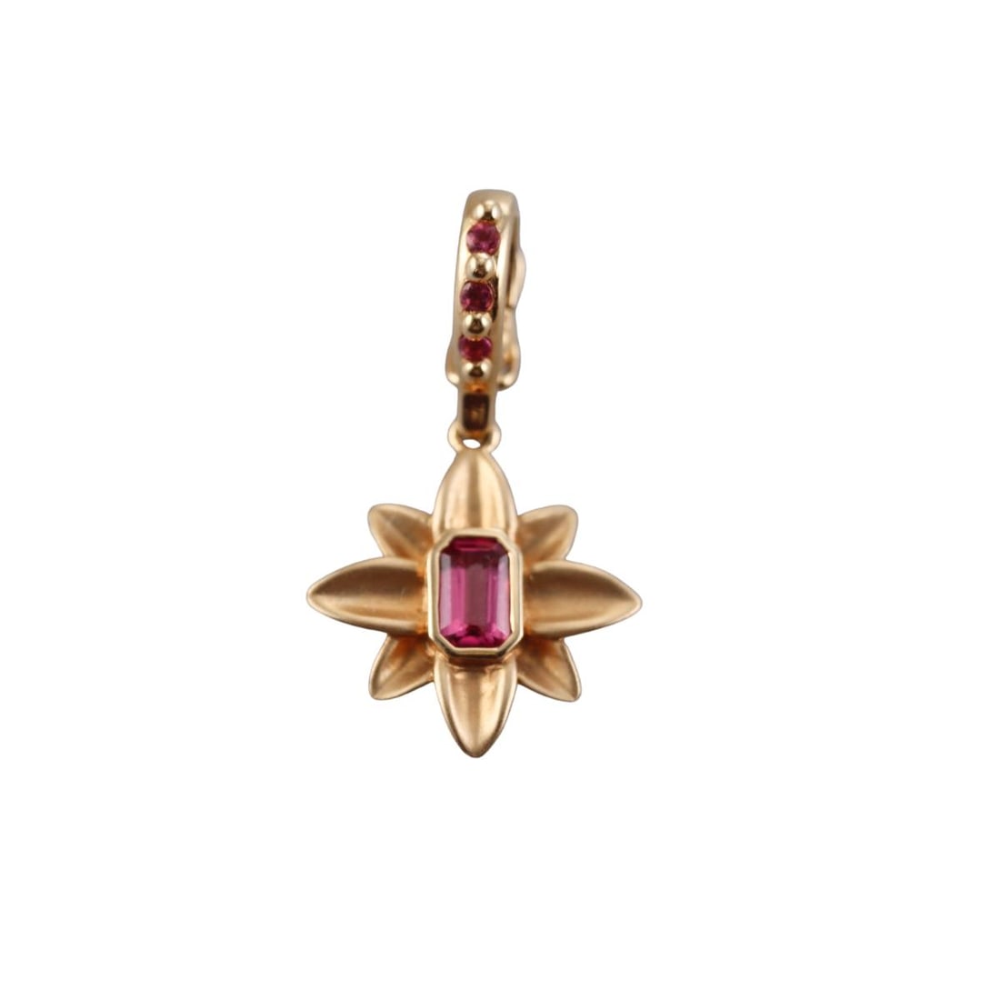 Orly Marcel 18k Gold Tourmaline Lotus Flower Pendant Charm: Metal : 18k Gold Designer : Orly Marcel Gemstone : Pink tourmaline. Measurements : Pendant is 15mm x 15mm x 26mm long with bale. Marked: : OM mark, 18k. Weight: : 2 grams