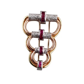 Retro 14k Tri Color Gold Ruby Diamond Brooch Pin
