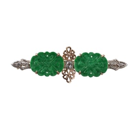 14k Gold Carved Jade Diamond Brooch Pin