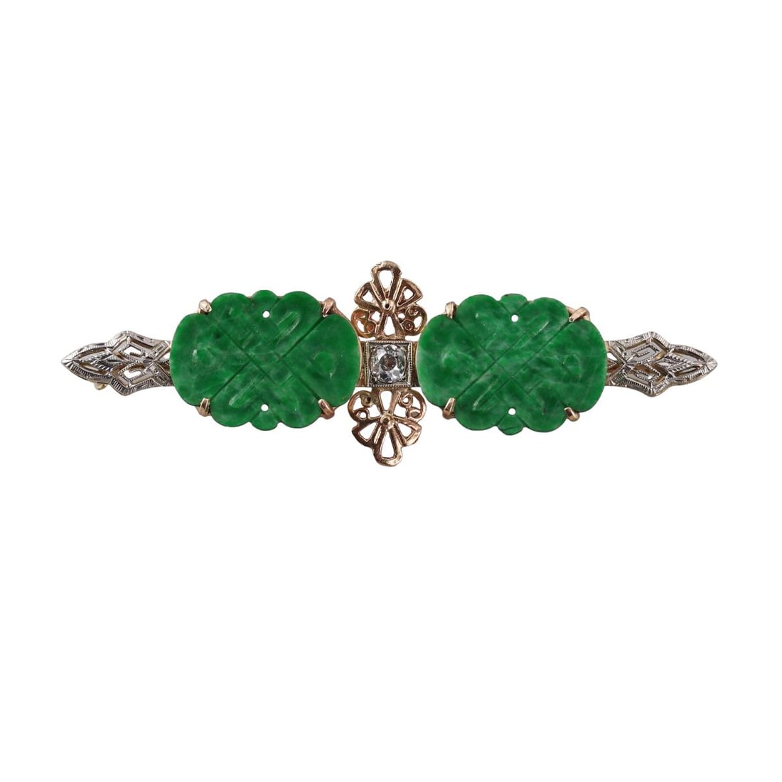 14k Gold Carved Jade Diamond Brooch Pin (1 of 4)