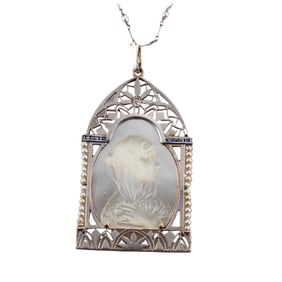 Art Deco Platinum Diamond Pearl Sapphire MOP St. Mary Pendant Necklace
