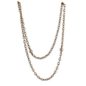 Antique 14k Gold Pearl Long Chain Necklace