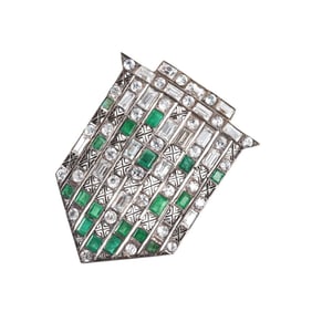 Art Deco Filigree Paste Emerald Gold Brooch Pin