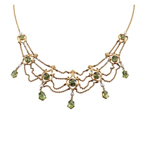 Antique 14k Gold Peridot Natural Pearl Festoon Necklace