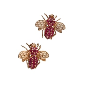 14k Gold Ruby Insect Bee Brooch Pin Set of 2