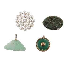 14k Gold Carved Jade Pearl Brooch Pendant Lot of 4pc