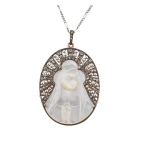 Art Deco French Platinum Gold Pearl Diamond MOP St. Mary Pendant Necklace