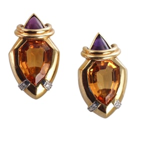 18k Gold Citrine Amethyst Diamond Earrings