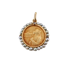 1940s European 18k Gold Diamond Pearl Charm Pendant