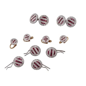 Art Deco Platinum Diamond Diamond Ruby Cufflinks Buttons Stud Tuxedo Set