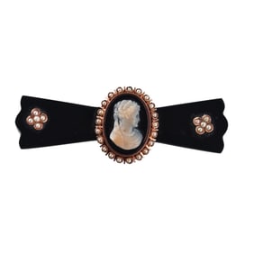 Antique Victorian 14k Gold Onyx Cameo Pearl Brooch Pin