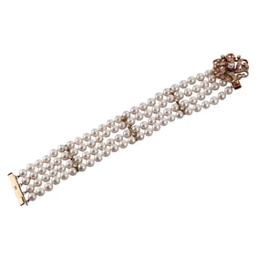1960s 14k Gold Diamond Pearl Bracelet