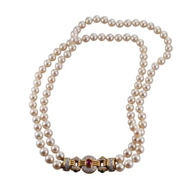1980s 18k Gold Diamond Ruby Emerald Sapphire Pearl Necklace