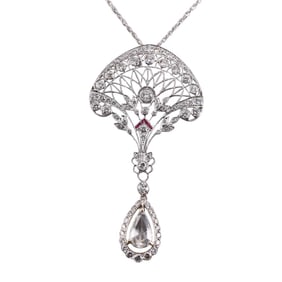 14k Gold 4ct Pear Diamond Ruby Pendant Necklace