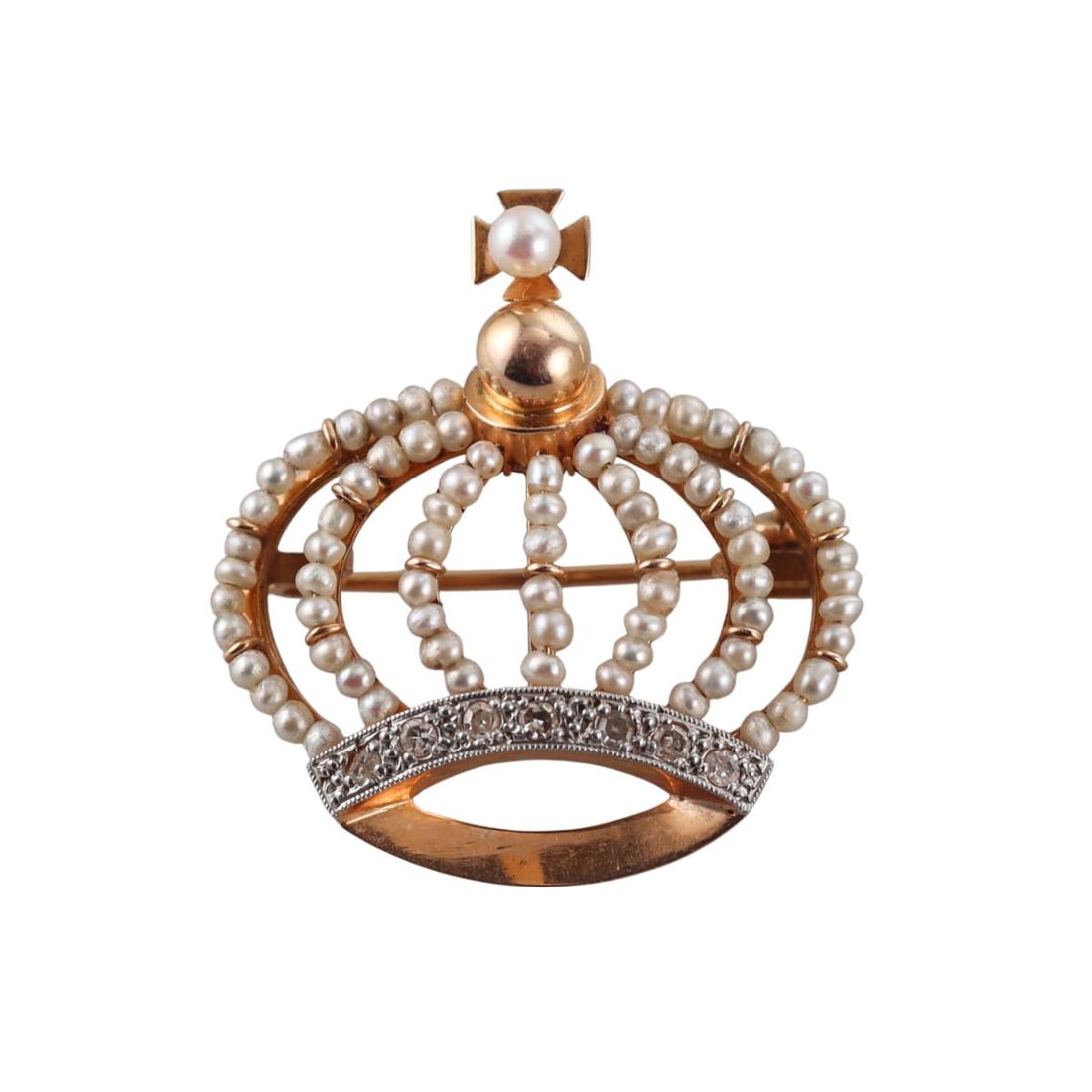 Antique 18k Gold Seed Pearl Diamond Crown Brooch  Pendant (1 of 3)