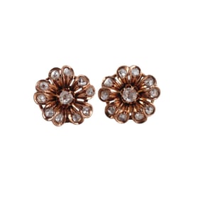 Antique 18k Rose Gold Diamond Flower Earrings