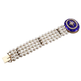 Antique 14k Gold Pearl Sapphire Enamel Multi Strand Bracelet