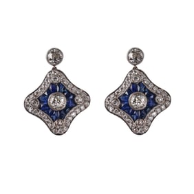 Platinum DIamond Sapphire Drop Earrings