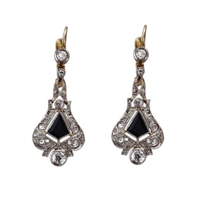 14k Gold Platinum Diamond Onyx Drop Earrings