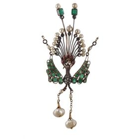 Antique 18k Gold Silver Pearl Emerald Diamond Peacock Pendant Necklace