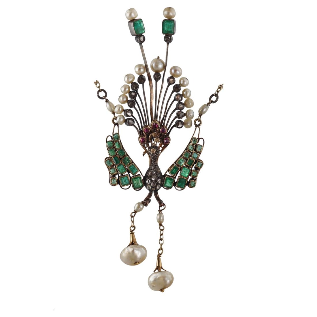 Antique 18k Gold Silver Pearl Emerald Diamond Peacock Pendant Necklace (1 of 6)