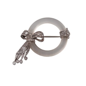 Art Deco Platinum Diamond Frosted Crystal Brooch Pin