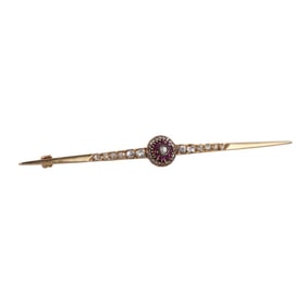 Antique Victorian 18k Gold Diamond Ruby Bar Brooch Pin