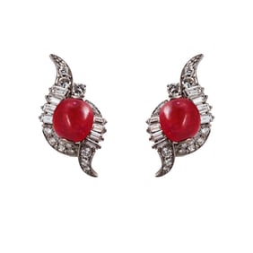 Midcentury Platinum Ruby Diamond Cocktail Earrings